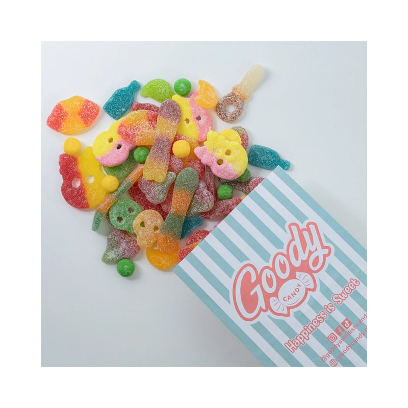 Assorted sour candies in various colors and shapes.