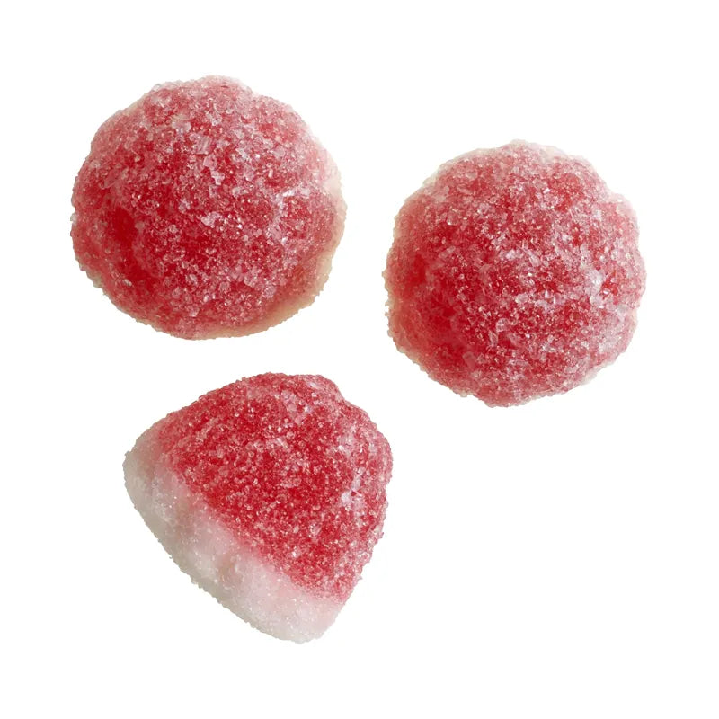 Red and white sugar-coated berry-shaped jelly and foam candy.
