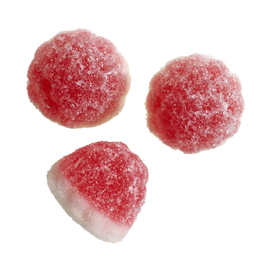 Red and white sugar-coated berry-shaped jelly and foam candy.