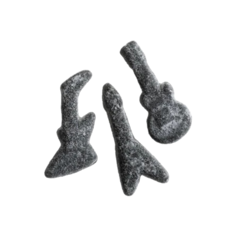 Black guitar shaped licorice candy