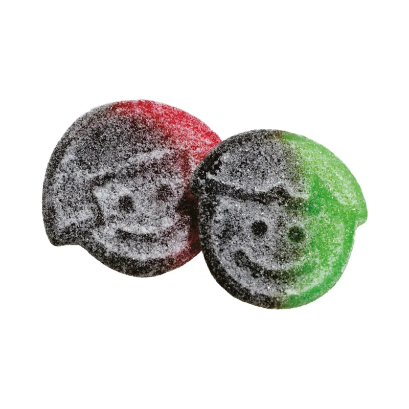 Salt-coated chewy candies shaped like fun faces by Grahns Konfektyr.