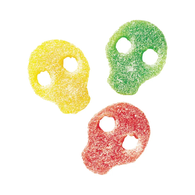 Small colorful skull-shaped chewy candies coated in sour sugar.