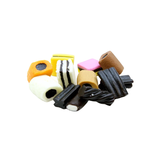 Assorted licorice candies in different shapes and textures 