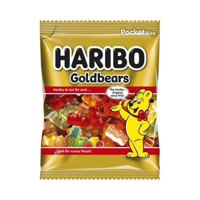Gold bag of Haribo Goldbears bear-shaped jelly candy.