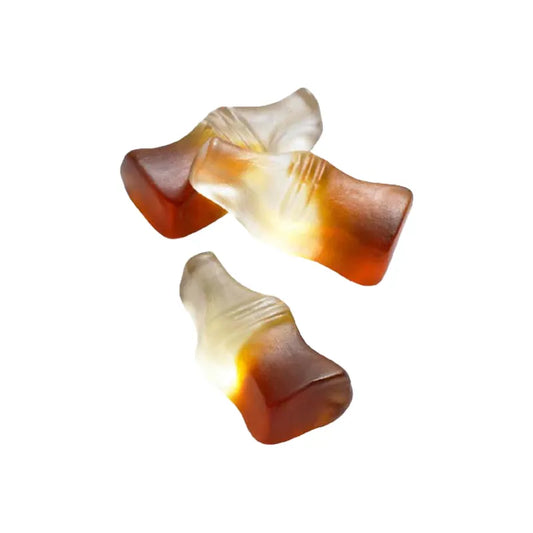 Brown and transparent cola bottle-shaped jelly candy by Haribo.