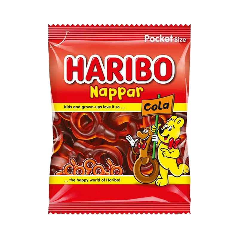 Red bag of Haribo Nappar Cola jelly candy.