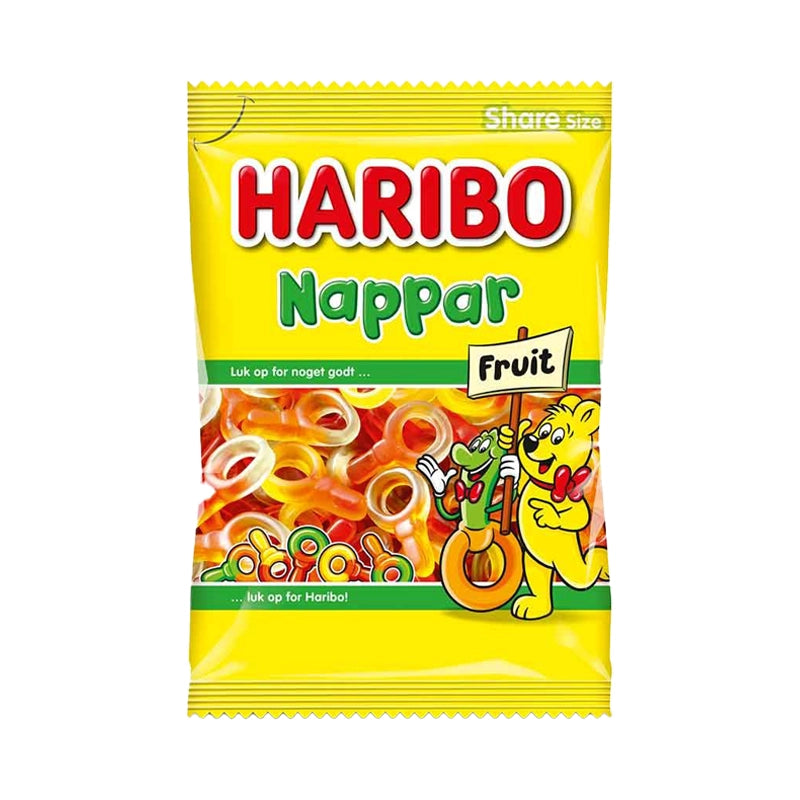 Yellow bag of Haribo Nappar Fruit soother-shaped jelly candy.
