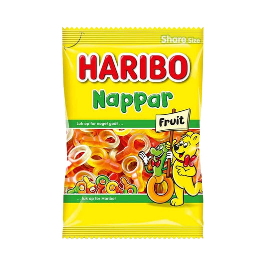 Yellow bag of Haribo Nappar Fruit soother-shaped jelly candy.