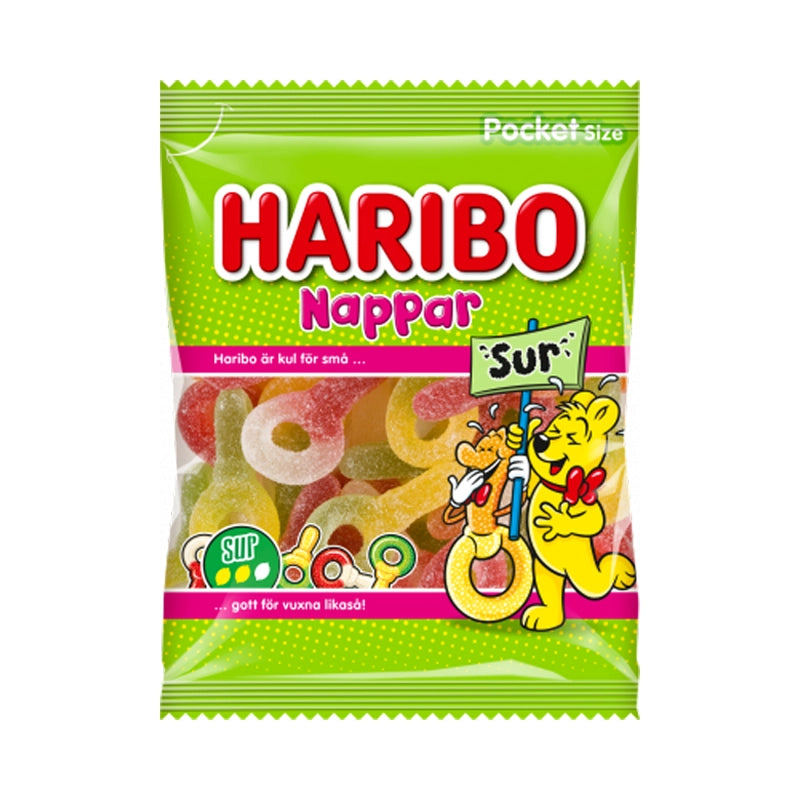 Green bag of Haribo Nappar Sur soother-shaped sour jelly candy.