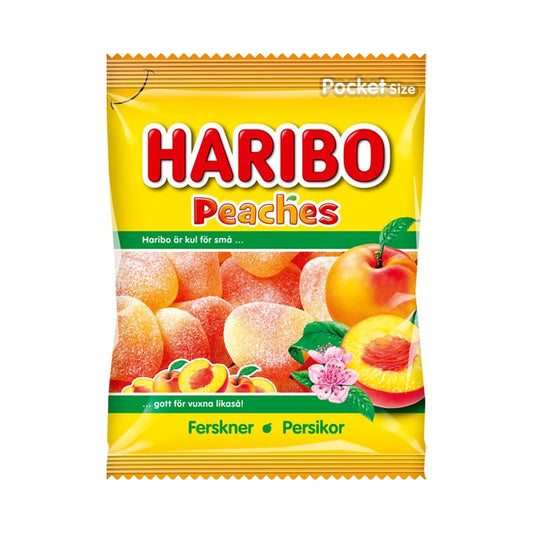 Orange bag of Haribo Peaches circle-shaped jelly candy.