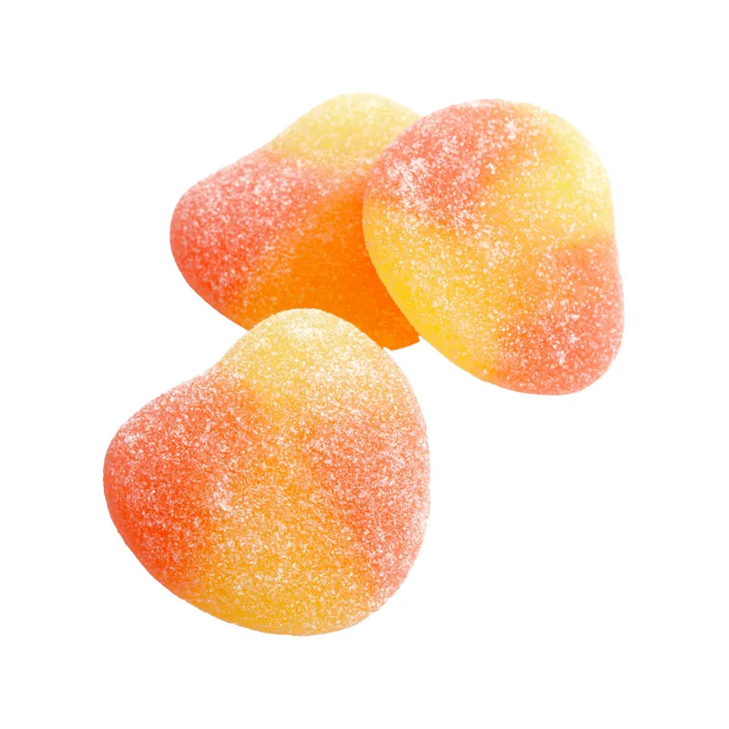 Red and yellow sugar-coated peach-shaped jelly candy by Haribo.