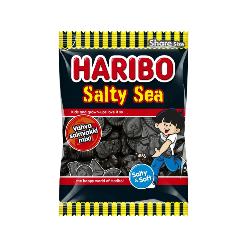 Black and yellow bag with black licorice candy by Haribo