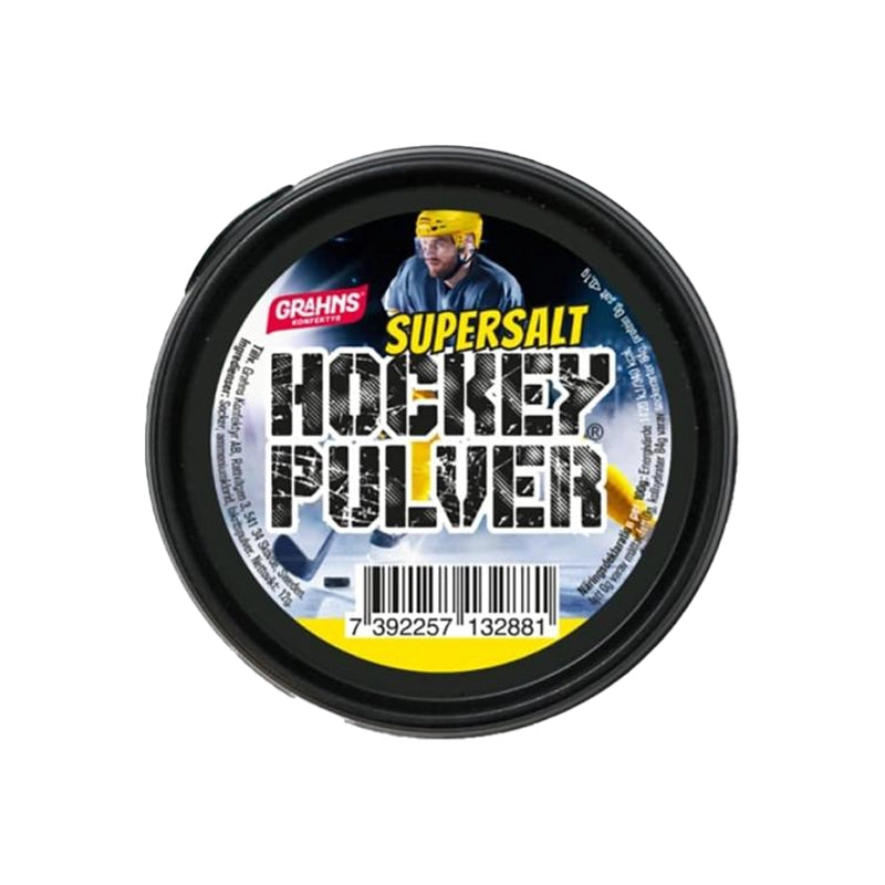 Black flat jar containing super salty powder candy