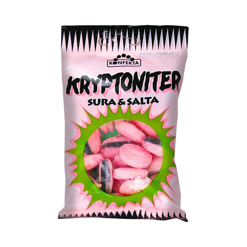 Pink bag of Konfekta Kryptoniter hard sour and salty candy.