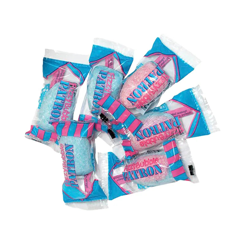 Blue and pink bullet-shaped hard caramels in transparent wrapping.