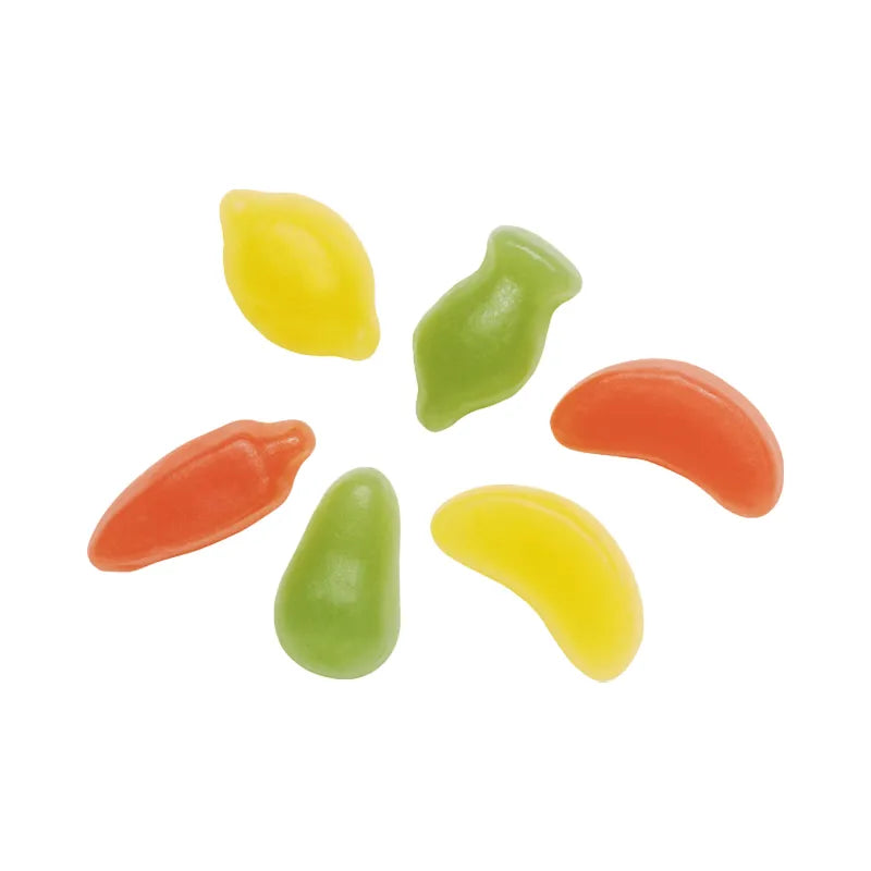 Assorted small fruit-shaped chewy candy in various colors by Malaco.