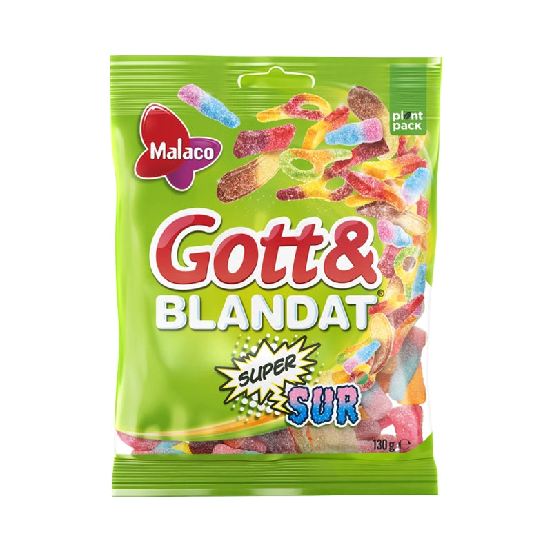 Green bag of Malaco Gott & Blandat Super Sour candies.