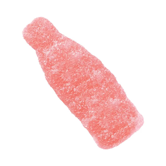 Pink bottle-shaped gummy candy coated with sugar by Malaco.