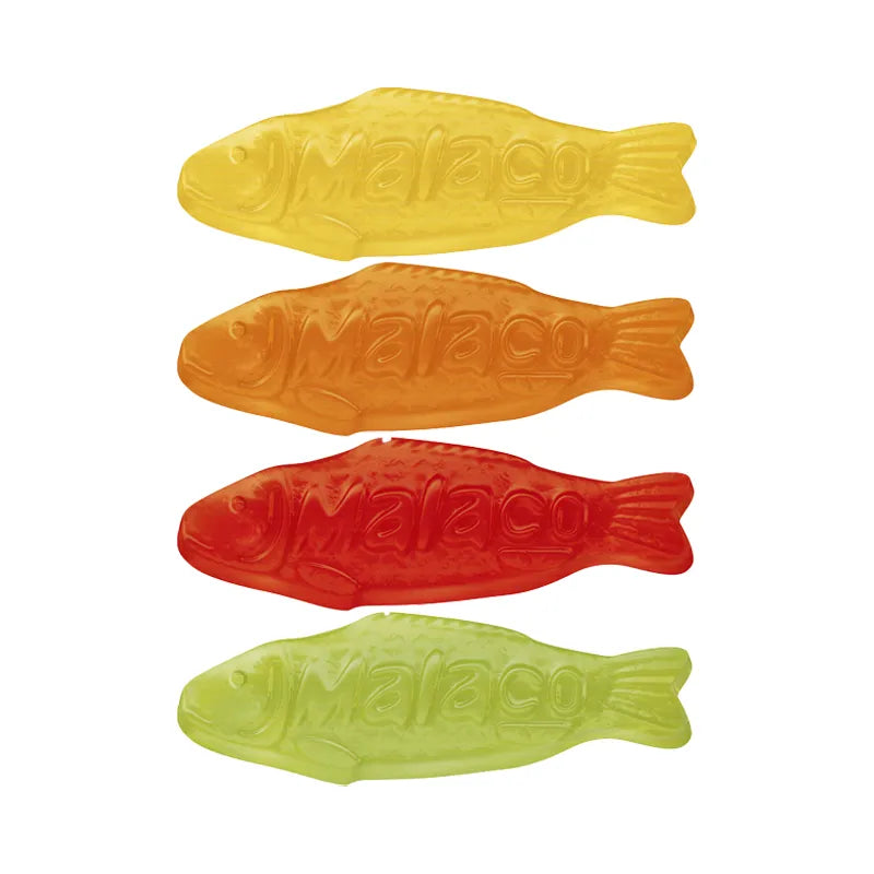 Pastel-colored fish-shaped jelly candy by Malaco.
