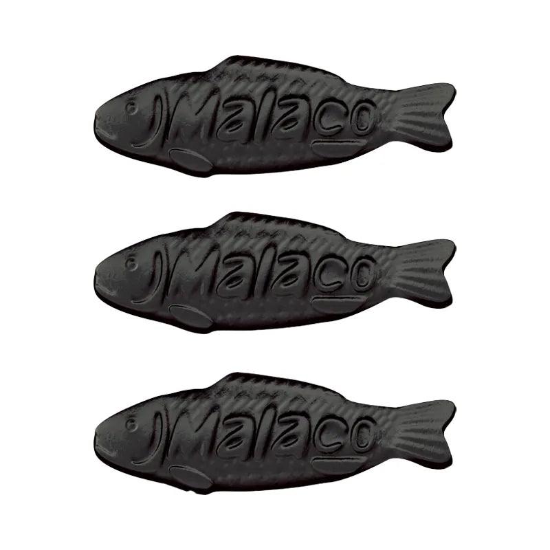 Black fish-shaped licorice jelly candy by Malaco.