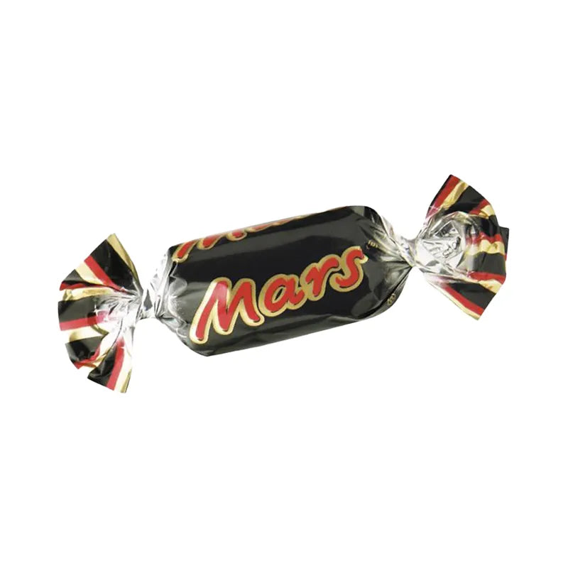 Mars mini chocolate wrapped in black paper.
