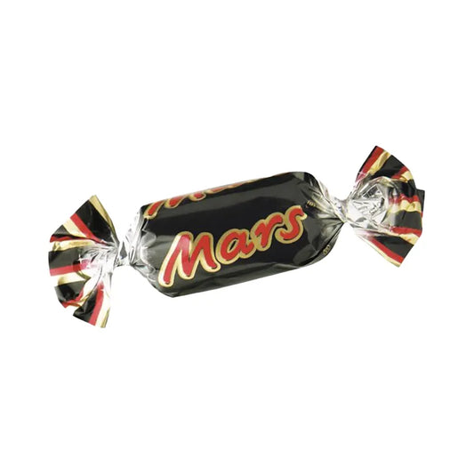 Mars mini chocolate wrapped in black paper.