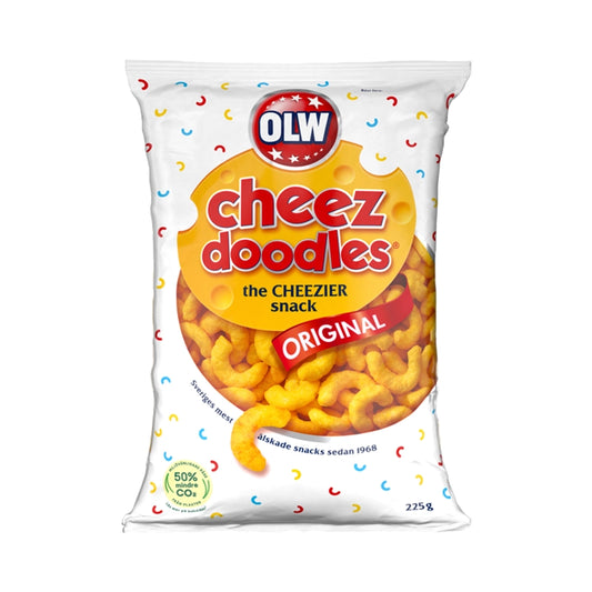 White bag of OLW Cheez Doodles, cheese flavored snacks.