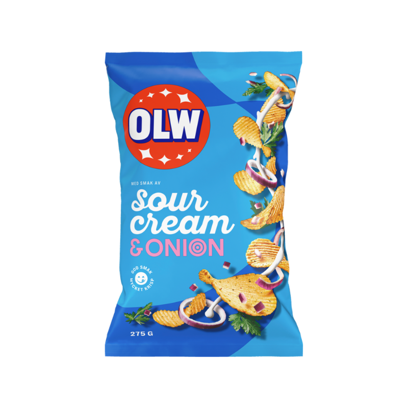 Potato chips in a blue bag by OLW
