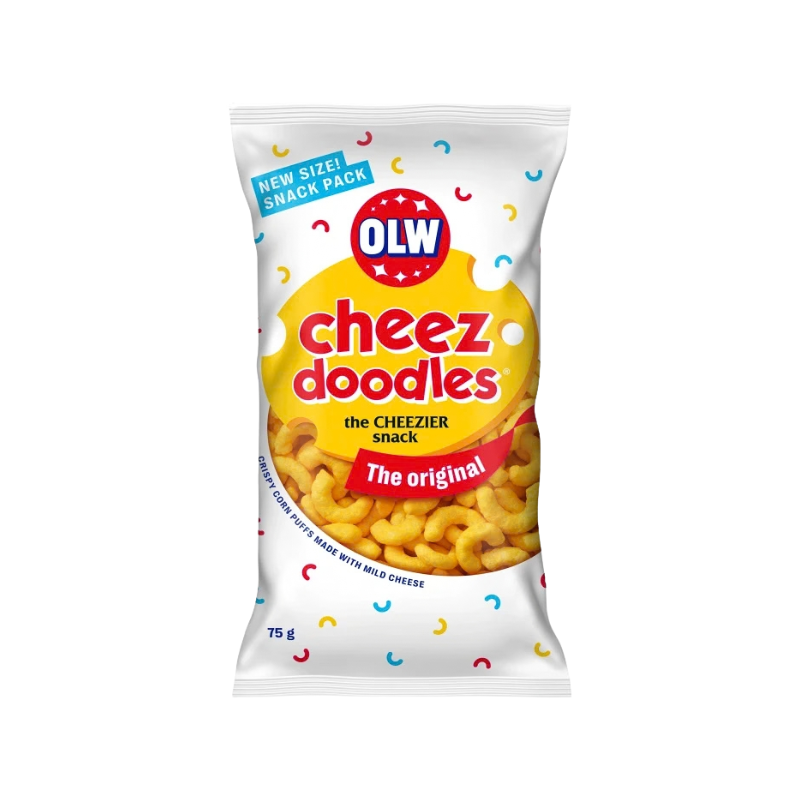 White bag of OLW Cheez Doodles, cheese flavored snacks.
