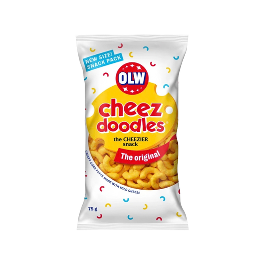 White bag of OLW Cheez Doodles, cheese flavored snacks.