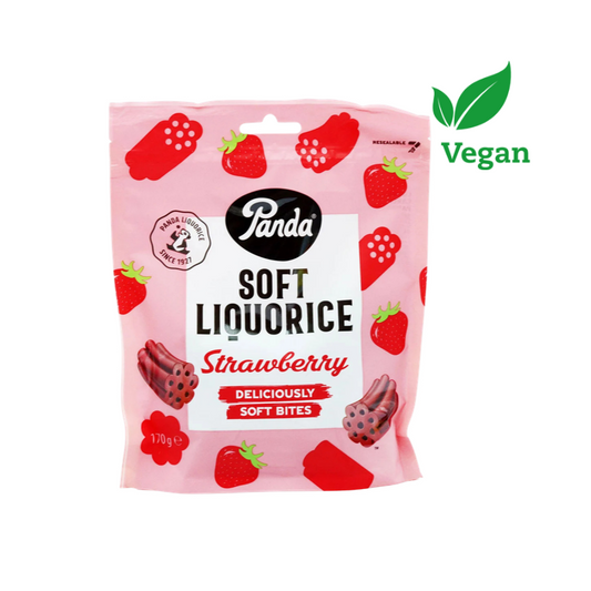 Pink bag with soft strawberry flavored licorice by Panda
