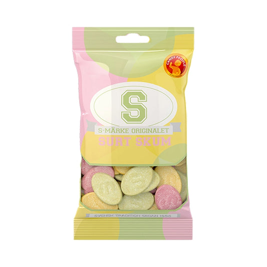 Yellow bag of S-Tag Sour Foam oval-shaped sour foam candies.