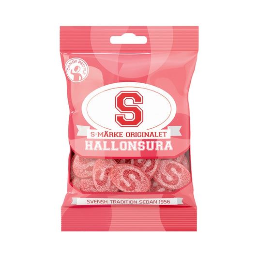Pink bag of S-Tag Sour Raspberry oval-shaped chewy fruit candy.