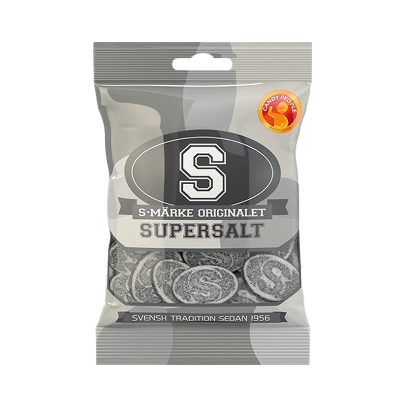 Grey bag of S-Tag Super Salt oval-shaped chewy licorice candy.