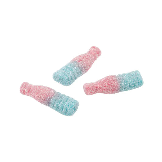 Pink and blue bottle-shaped foam candy with a tangy sugar coating.