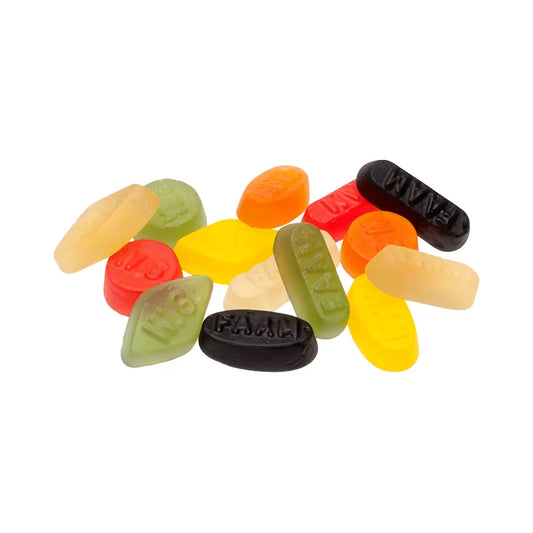Assorted chewy candy in various colors and shapes.