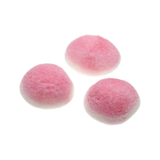 Pink and white pillow-shaped foam candy with sugar coating.