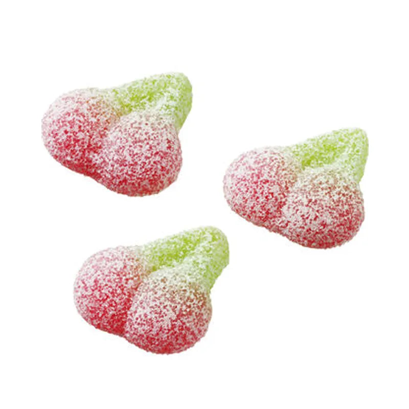 Red and green cherry-shaped gummies with fizzy sugar coating.