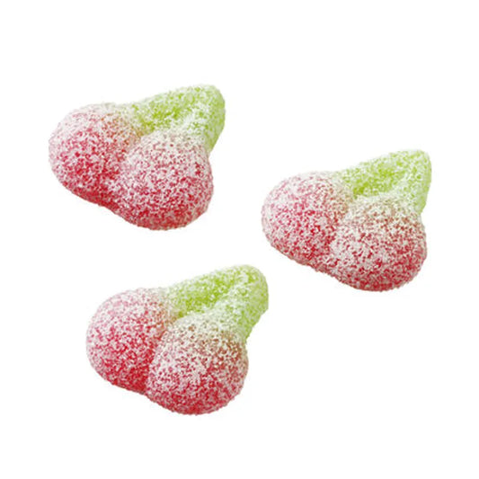 Red and green cherry-shaped gummies with fizzy sugar coating.