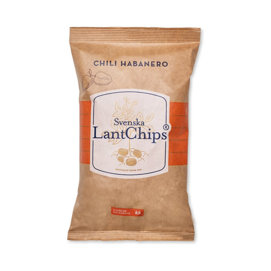 Brown bag of Svenska Lantchips, chili and habanero flavored potato chips.