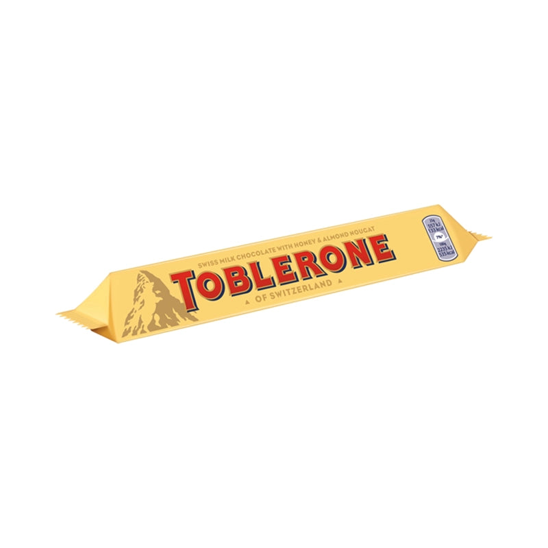 Toblerone milk chocolate bar in yellow wrapper.