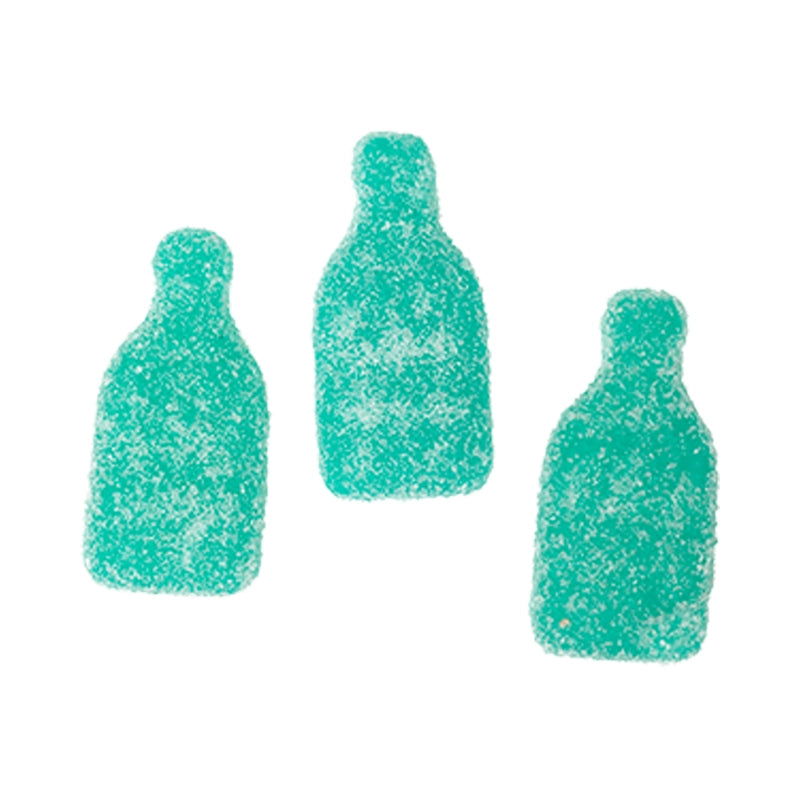 Green bottle-shaped chewy candy with tangy sugar coating.