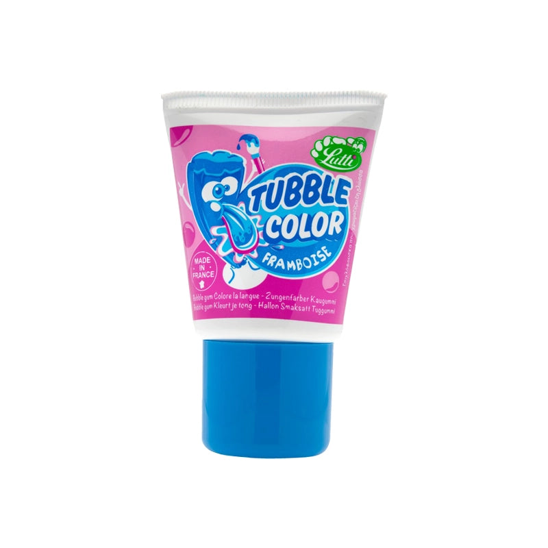 Squeezable tube with soft raspberry bubble gum