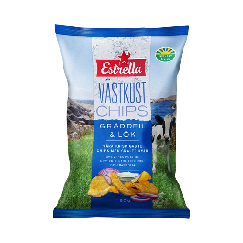 Blue bag of Västkustchips Gräddfil & Lök. flavored potato chips.